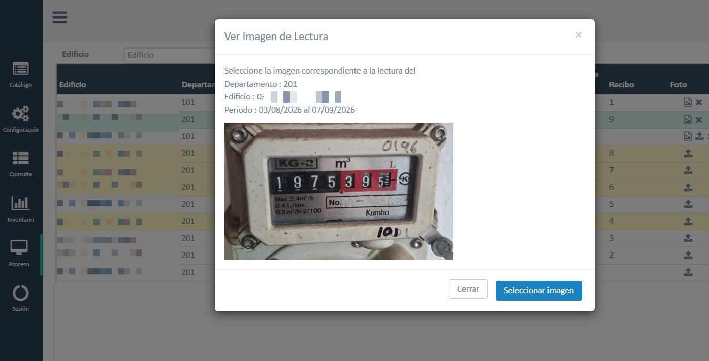 Módulo de lecturas: historial por departamento con la foto del medidor asociada a cada lectura