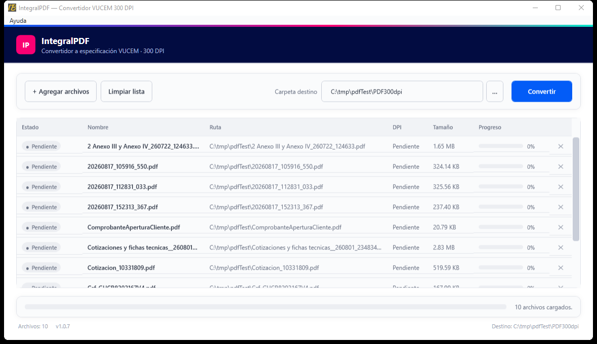 Lista de 10 archivos PDF cargados con la carpeta destino sugerida automáticamente